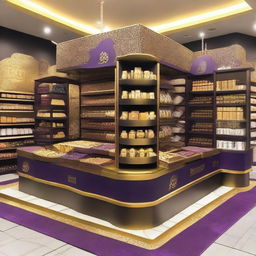 A luxurious supermarket chocolate display in an Islamic-Arabic style for Ramadan. It features shelves, 4-directional view, lanterns, Islamic geometric shapes, and is predominantly purple and gold.