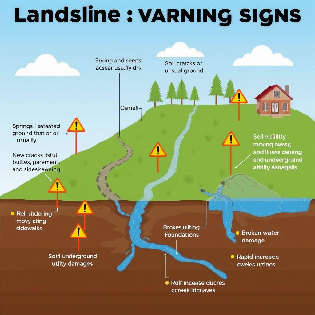An illustrative diagram of a landslide scene featuring various warning signs: springs and seeps showing saturated ground in areas that are usually dry, new cracks or unusual bulges in the ground, pavement, and sidewalks, soil visibly moving away from building foundations, broken water lines and other underground utility damages, and a rapid increase and sudden decrease in creek water levels