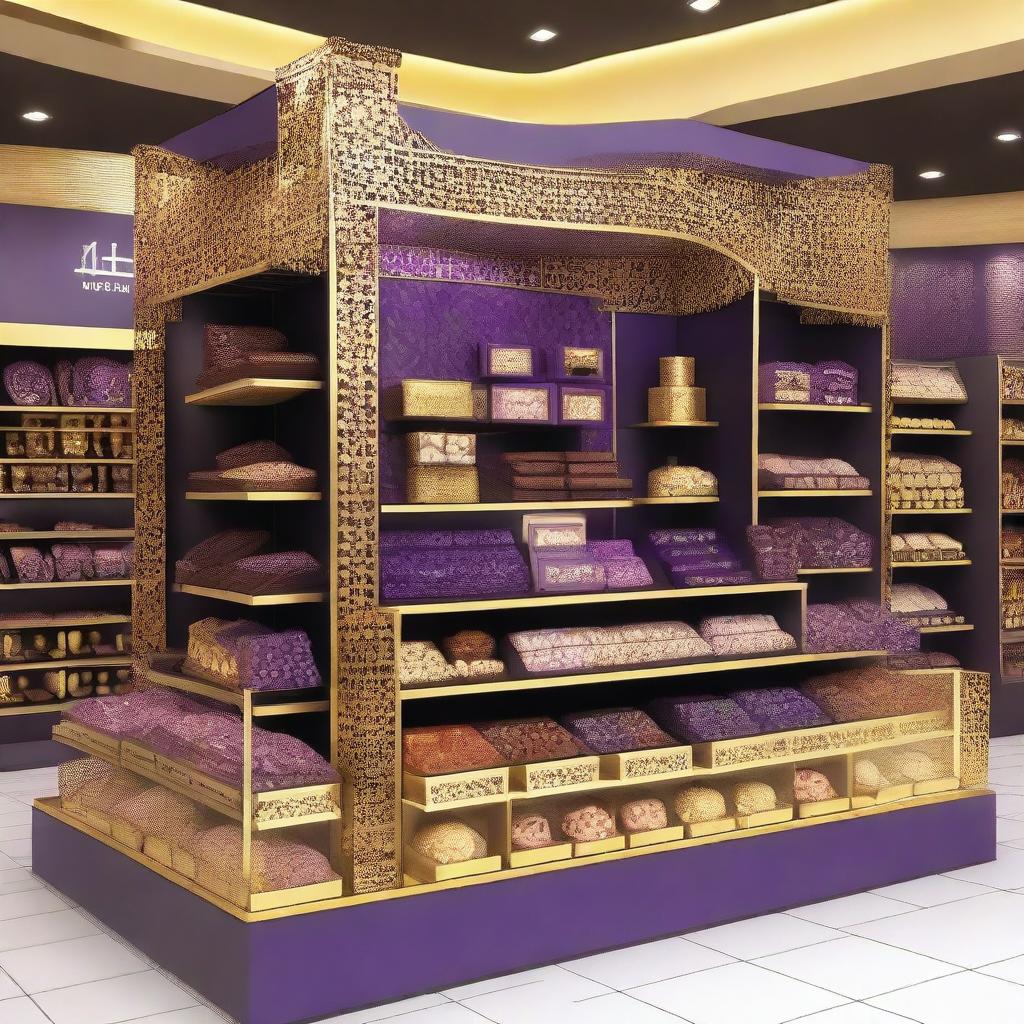 A luxurious supermarket chocolate display in an Islamic-Arabic style for Ramadan. It features shelves, 4-directional view, lanterns, Islamic geometric shapes, and is predominantly purple and gold.