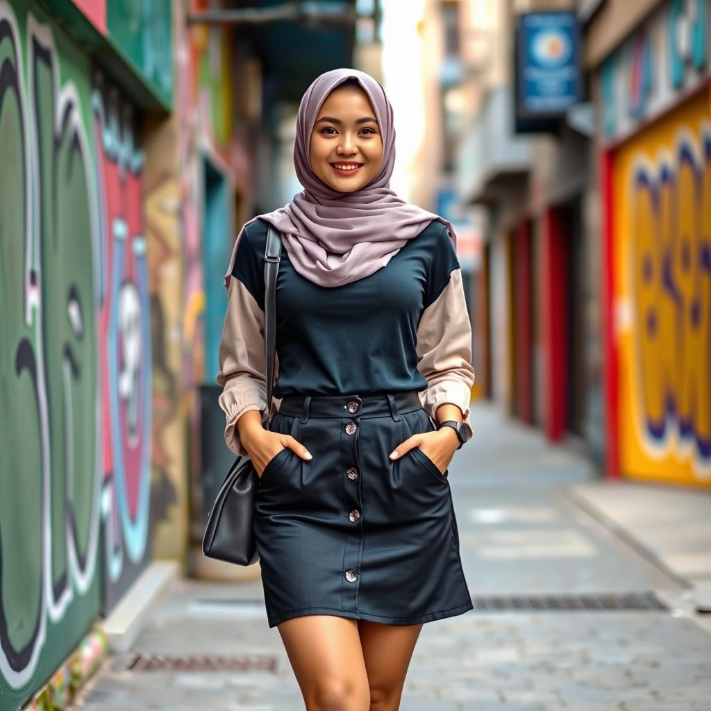 A fashionable young woman confidently wearing a hijab and a chic mini skirt, standing in a vibrant urban environment