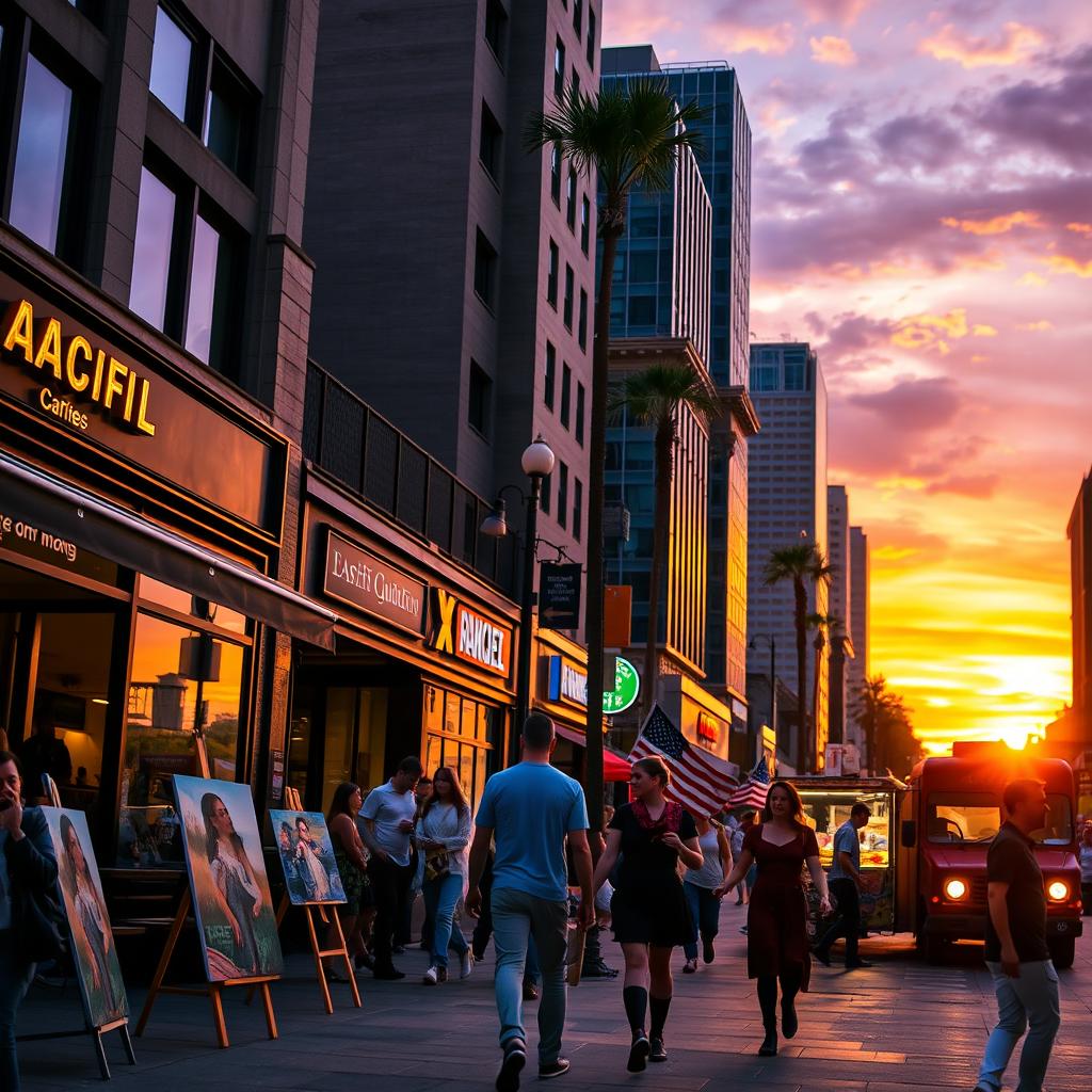 A vibrant city street scene during sunset, with people walking and enjoying their evening