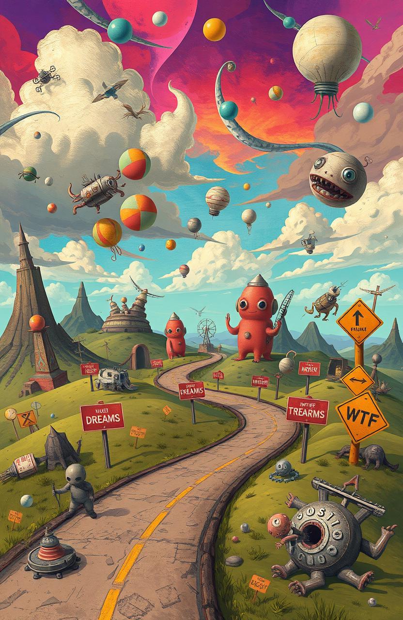 A concept art piece representing the themes of 'Trial, Error, and a Whole Lot of WTF', showcasing a surreal landscape filled with abstract shapes, erratic paths, and unexpected elements symbolizing failures and discoveries