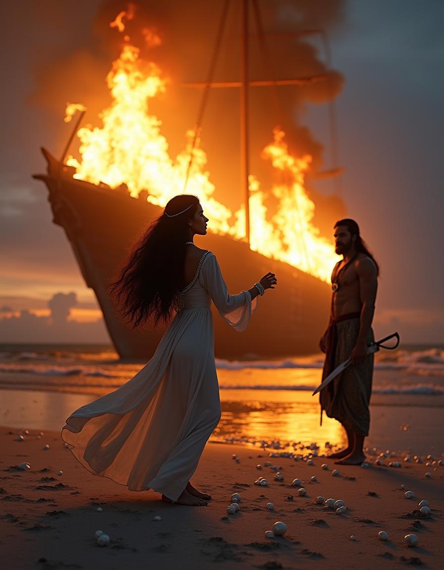 A breathtaking scene set at night on a beach with a large, ancient warship ablaze, flames illuminating the sky