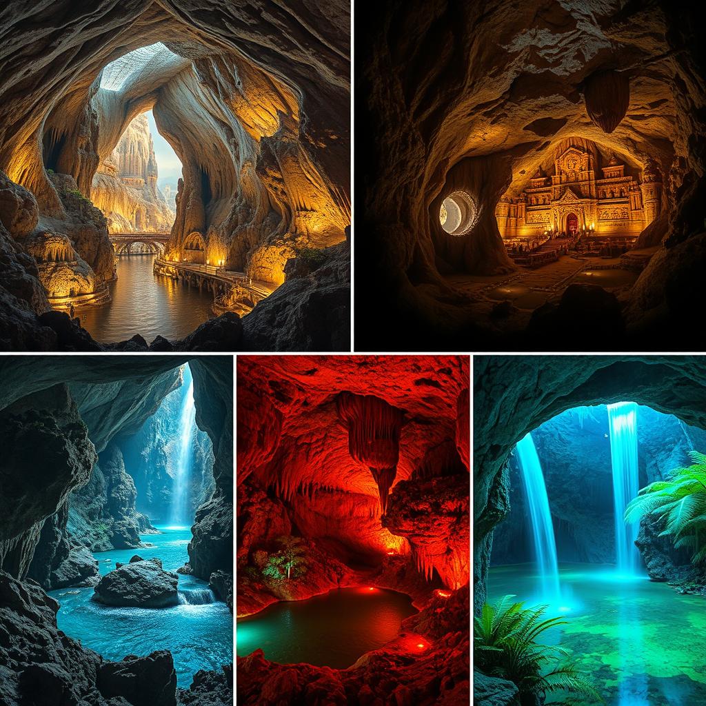 A captivating scene showcasing five breathtaking underground wonders: 1) A massive, cathedral-like cave with stunning stalactites and stalagmites glowing softly under ambient light