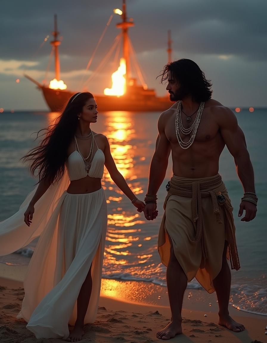 At night on a beach, a large, ancient battleship is on fire, illuminating the sky with flames