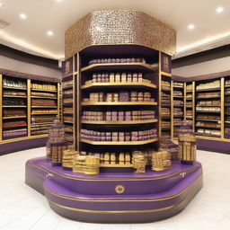 A luxurious supermarket chocolate display in an Islamic-Arabic style for Ramadan. It features shelves, 4-directional view, lanterns, Islamic geometric shapes, and is predominantly purple and gold.