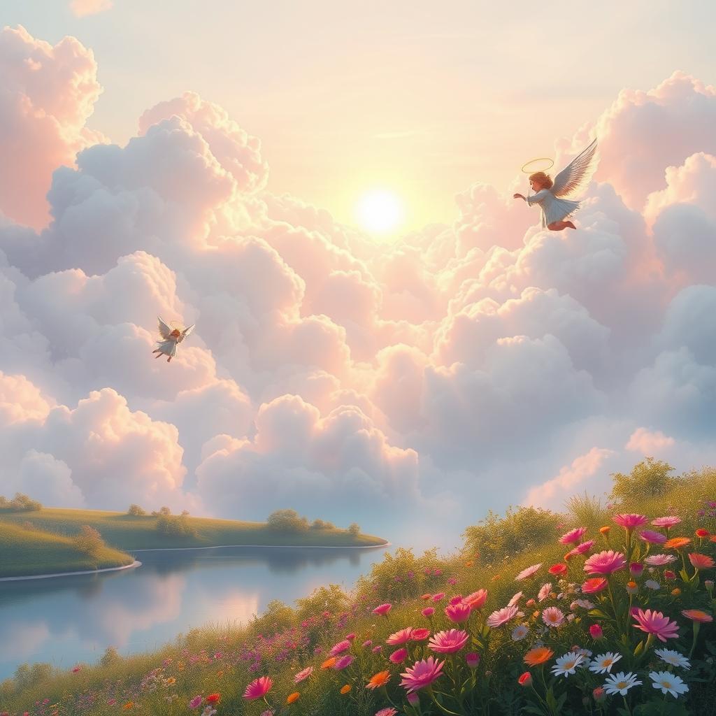 A serene and ethereal depiction of heaven, showcasing fluffy white clouds bathed in soft pastel colors such as pink, blue, and lavender