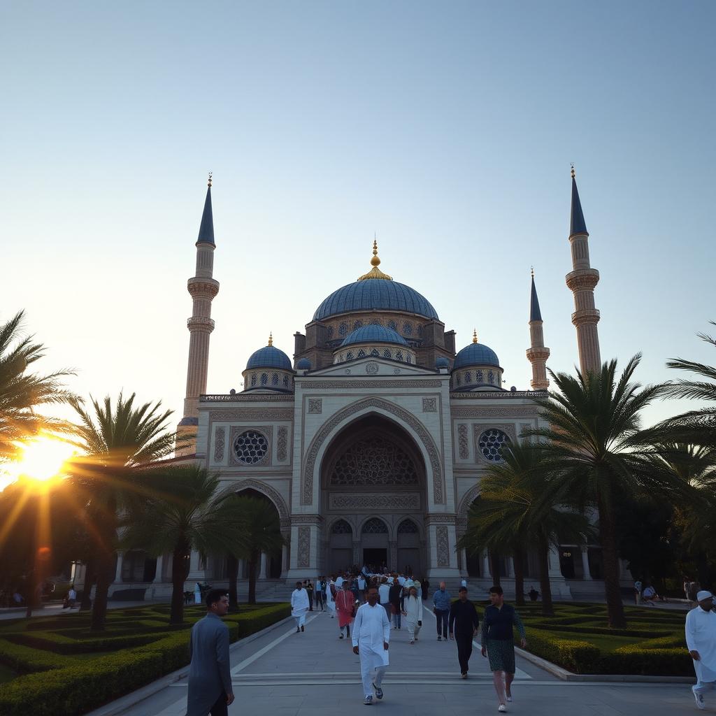 An intricately designed mosque with stunning architecture, featuring a large dome and tall minarets