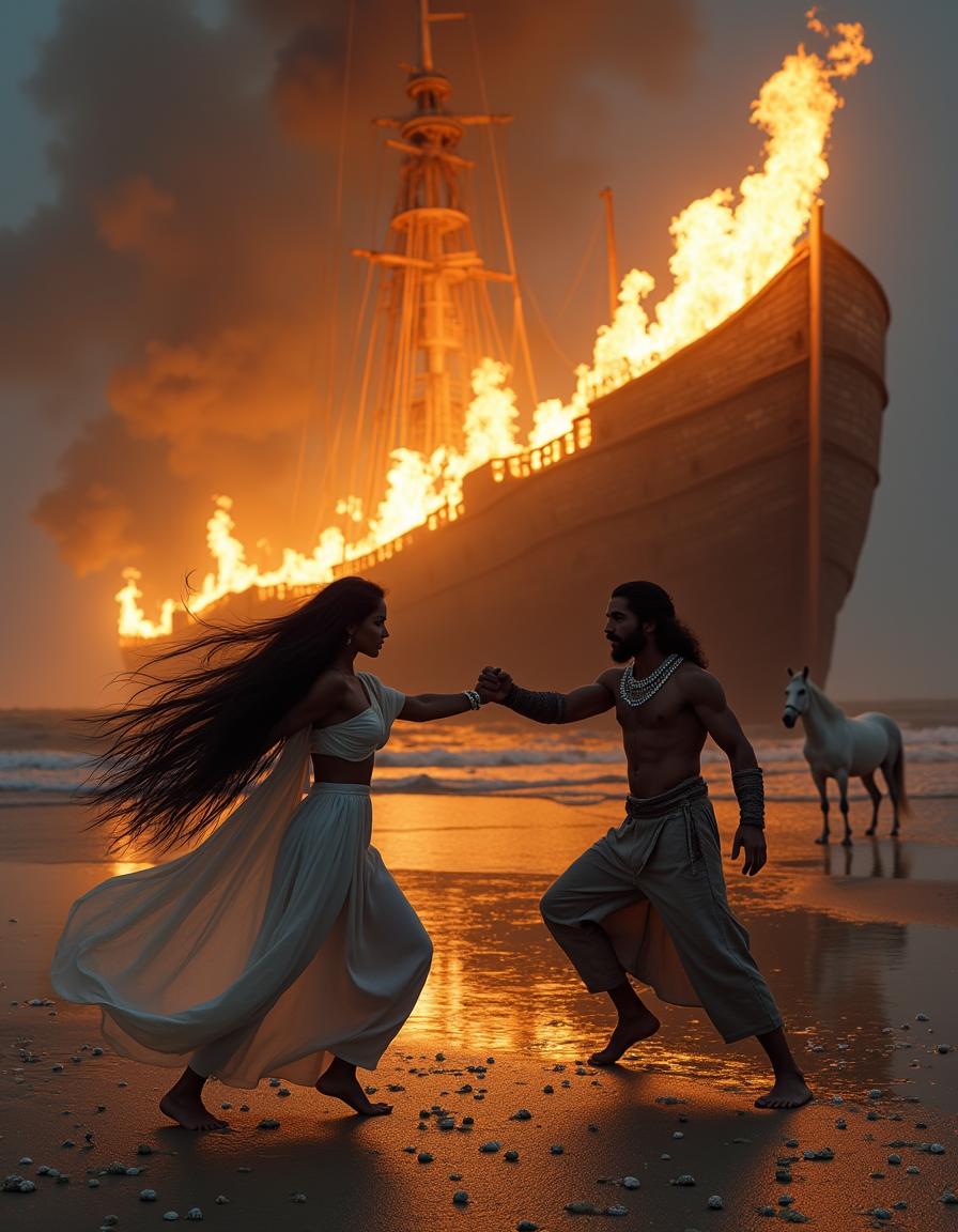 At night by the seashore, a massive ancient warship is ablaze, flames illuminating the sky