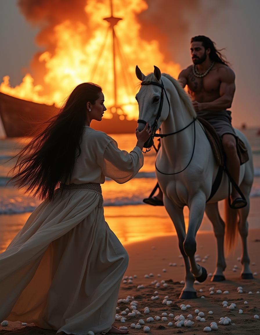 A beautiful Arabic girl with long black hair, wearing a pearl necklace, fighting with a muscular young man who has black long hair and a short beard, dressed in traditional Arabic clothing