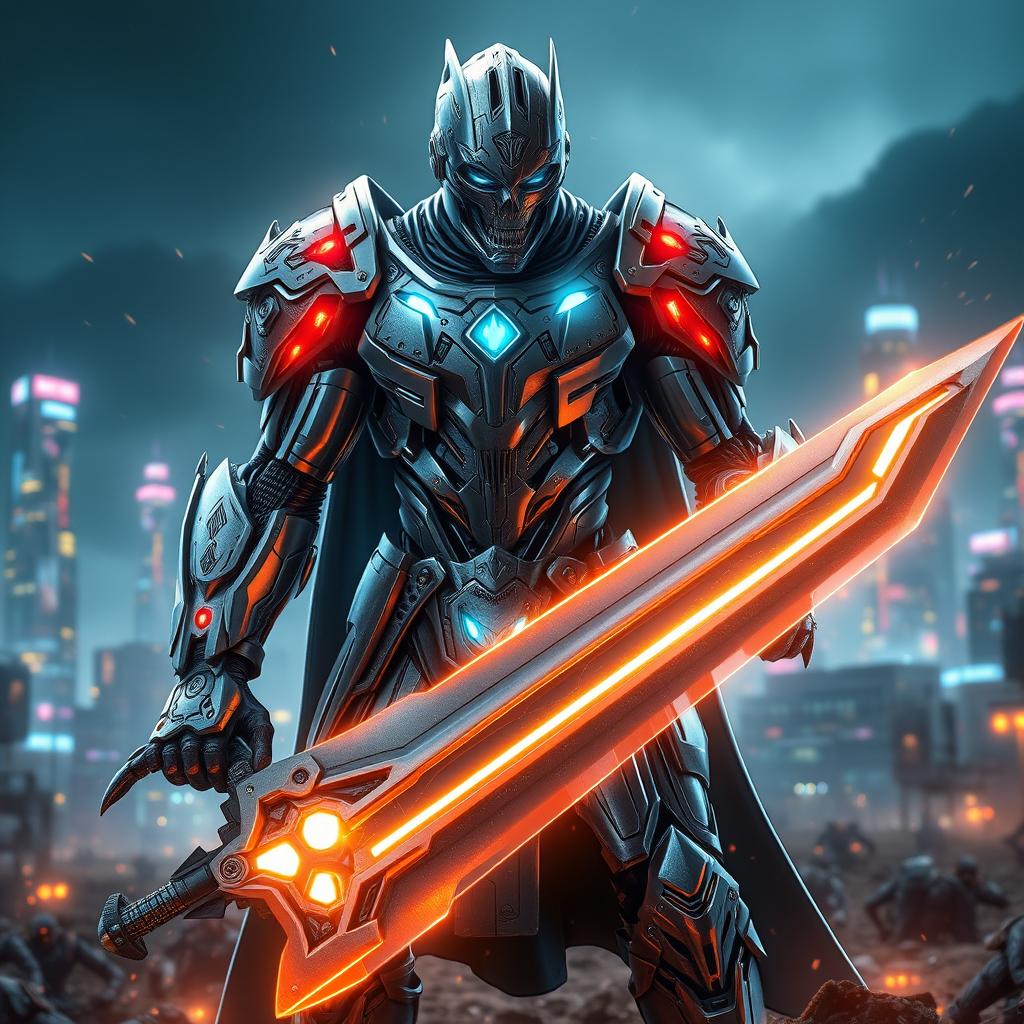 A powerful, futuristic character known as the Ultron Paladin, combining advanced technology with medieval knight aesthetics