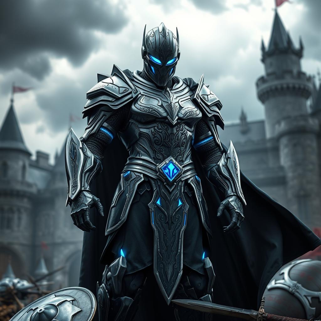 An imposing medieval knight inspired by Ultron, featuring a sleek metallic armor design adorned with intricate patterns and glowing blue accents