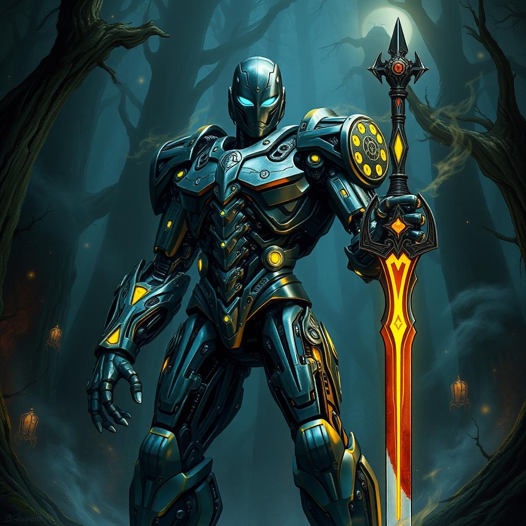 A menacing Ultron-inspired warforged character from Dungeons & Dragons, standing tall with intricate mechanical detailing