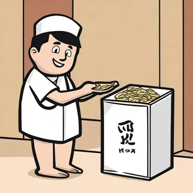In the cartoon, a character drops a coin into the alms box as an act of charity.