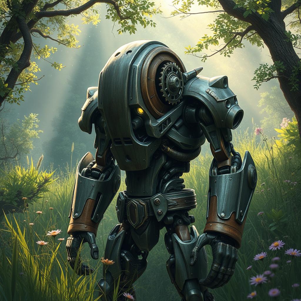 A rustic Ultron-inspired warforged character from Dungeons & Dragons, embodying a blend of technology and nature