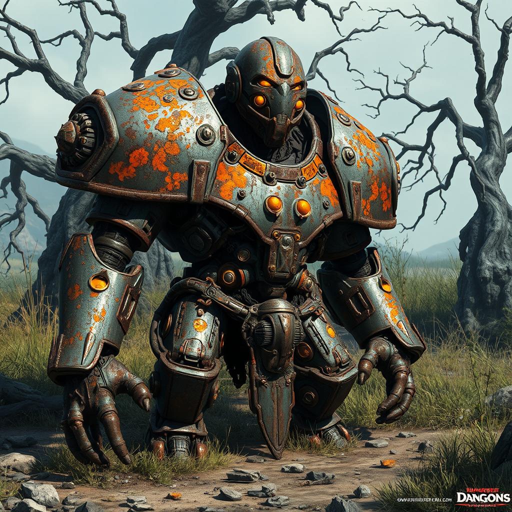 A rusted Ultron-inspired warforged character from Dungeons & Dragons, depicting a dilapidated yet powerful figure
