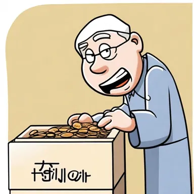 In the cartoon, a character drops a coin into the alms box as an act of charity.