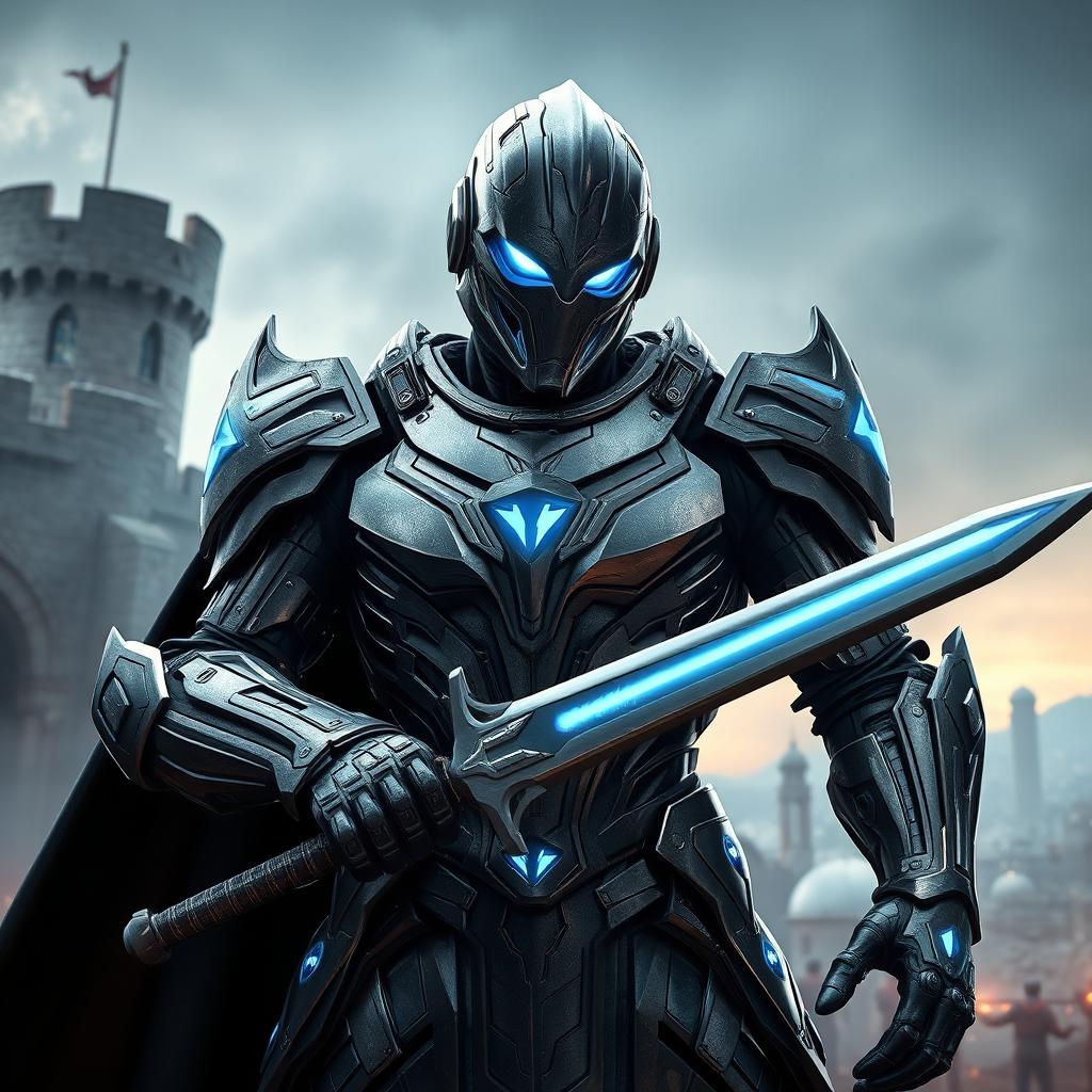 An imposing Ultron character reimagined in intricate knight's armor, blending futuristic technologies with medieval aesthetics