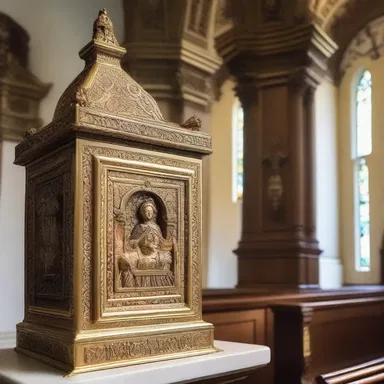 The designer included an ornate alms box as part of the church's interior design.