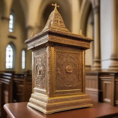 The designer included an ornate alms box as part of the church's interior design.