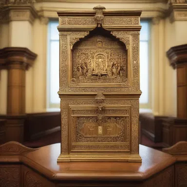 The designer included an ornate alms box as part of the church's interior design.