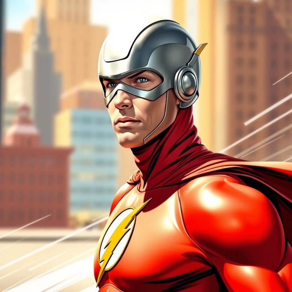 A dynamic portrait of Jay Garrick, the original Flash, depicted in his iconic silver helmet, red and yellow costume with lightning motifs