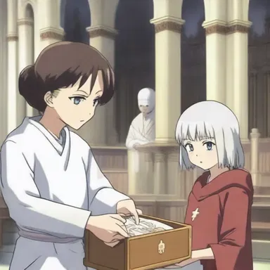 In the anime series, the protagonist visits a church and places a donation into the alms box.