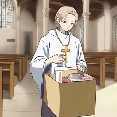 In the anime series, the protagonist visits a church and places a donation into the alms box.