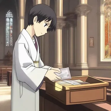 In the anime series, the protagonist visits a church and places a donation into the alms box.