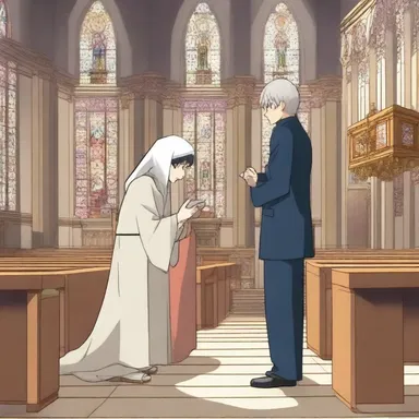 In the anime series, the protagonist visits a church and places a donation into the alms box.