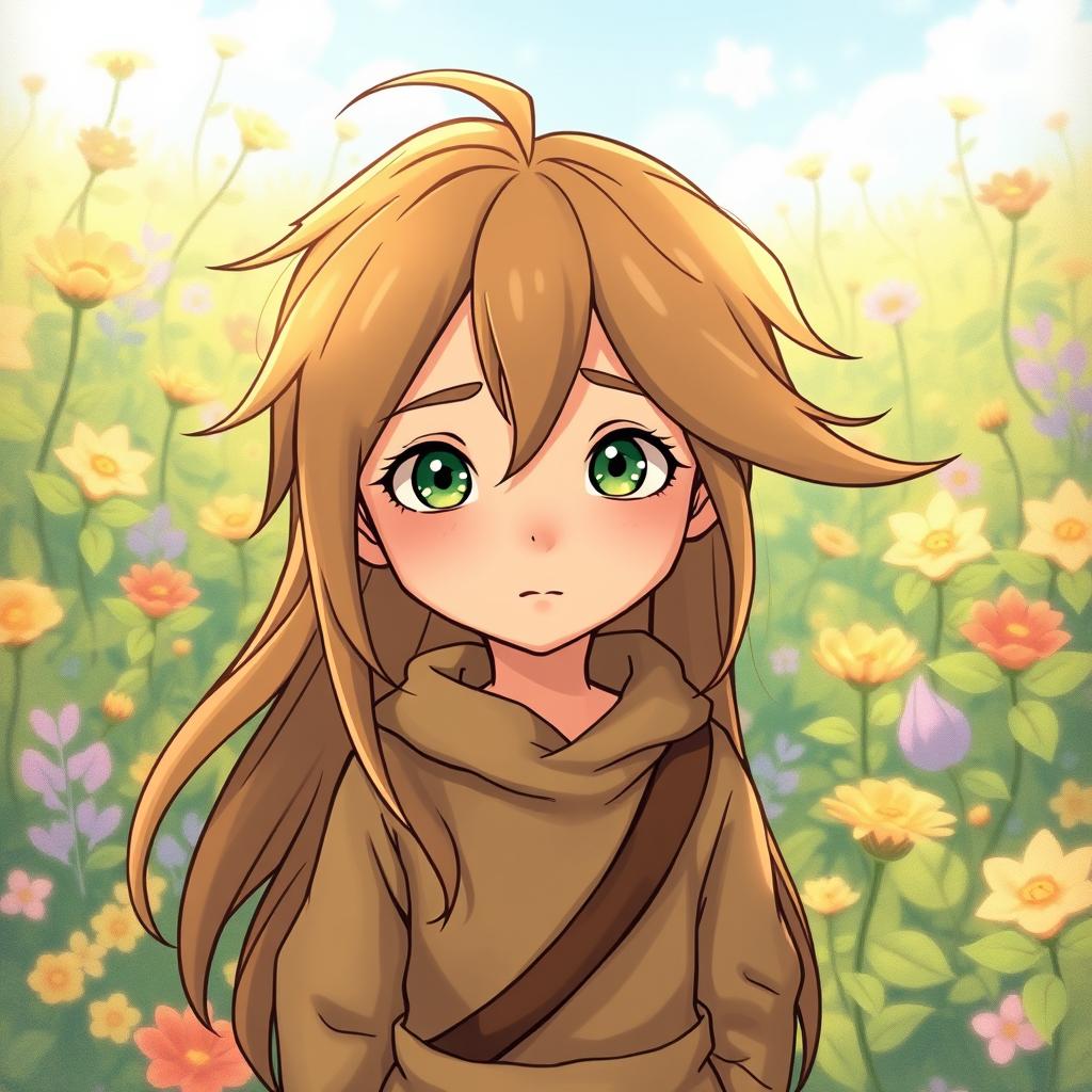 A whimsical character inspired by Studio Ghibli, featuring long light brown hair flowing gently in the wind