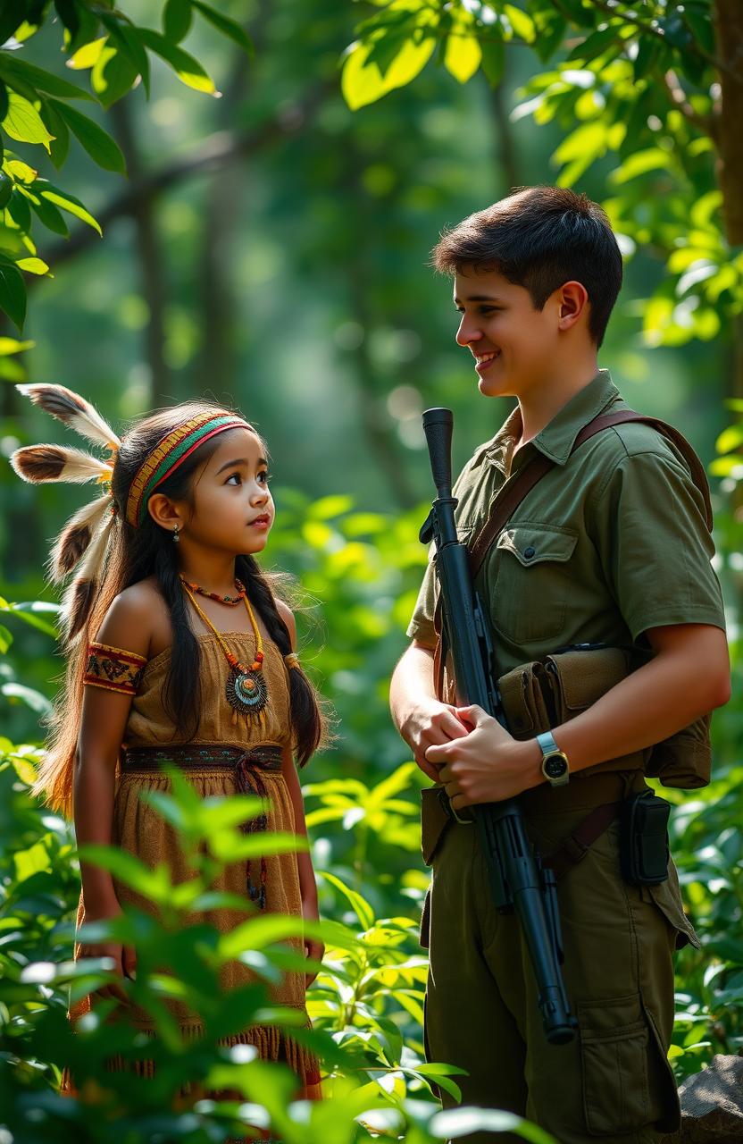 A young Amerindian girl wearing traditional attire stands in a lush, green forest