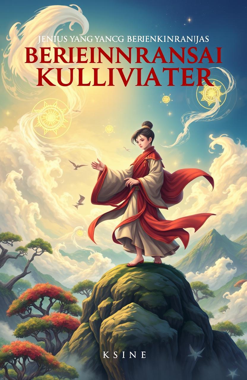 A creative book cover for the title 'Jenius yang Bereinkarnasi Menjadi Kultivator', featuring a young, wise-looking cultivator with an aura of mysticism