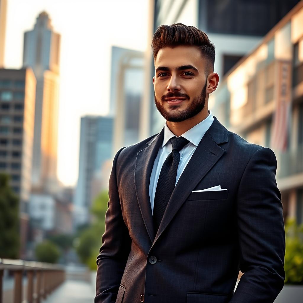 A well-groomed adult male with a stylish haircut and a neat beard, dressed in a tailored suit, standing confidently in an urban setting