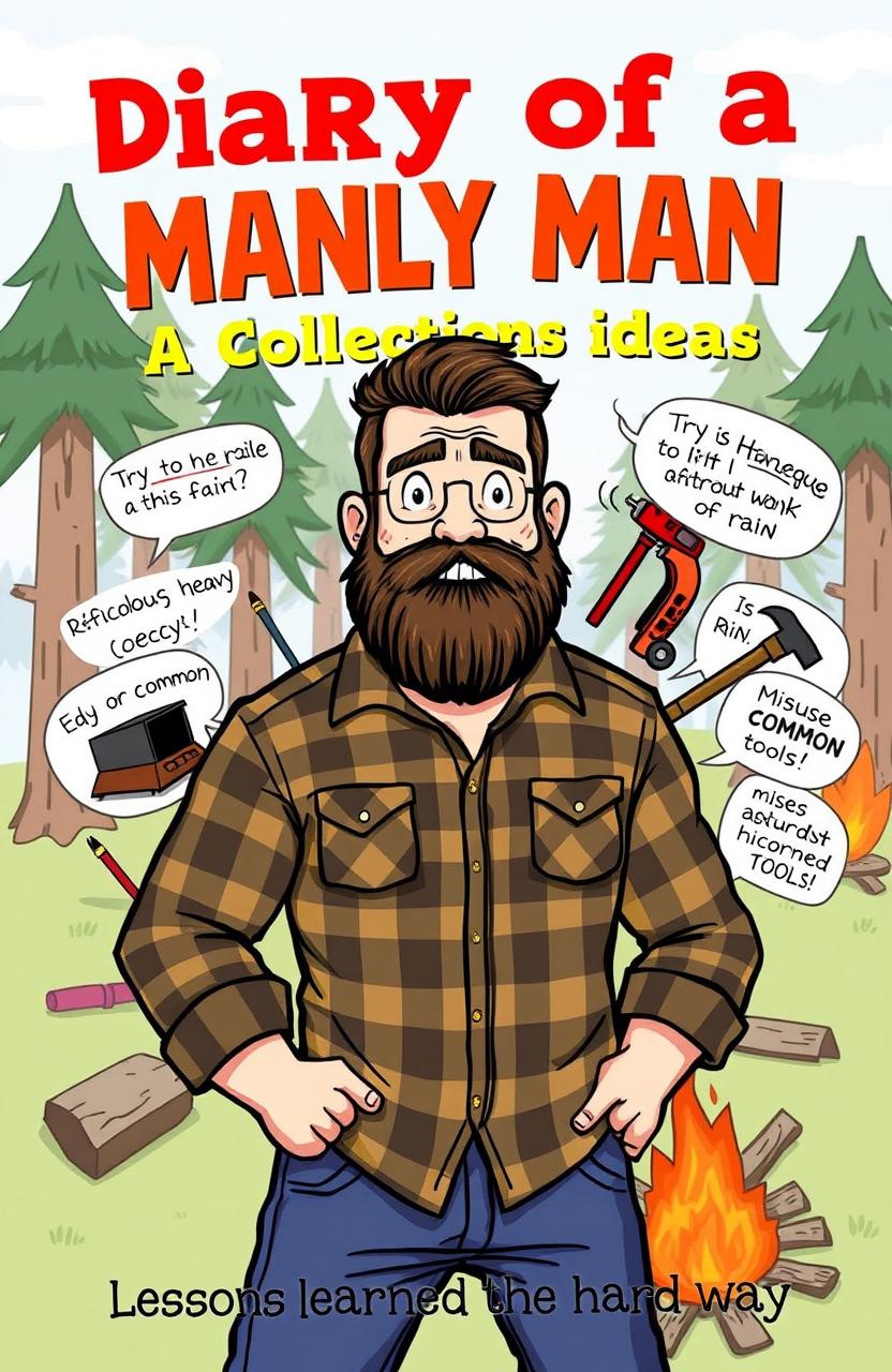A humorous and engaging illustration for the cover of a book titled 'Diary of a Manly Man: A Collection of Bad Ideas'