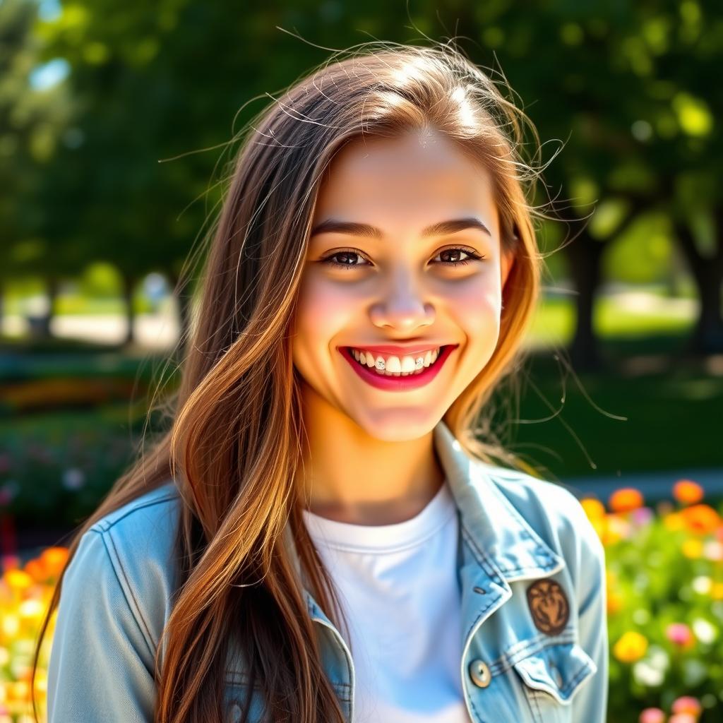 A young woman with a bright, cheerful smile featuring braces, standing outdoors in a beautiful park during a sunny day