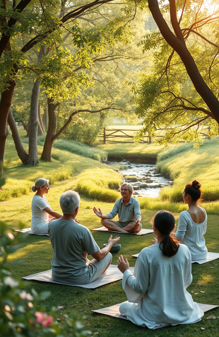 A serene and calming scene depicting modern spiritual cooling practices, featuring a diverse group of adults practicing meditation in a tranquil outdoor setting, surrounded by lush greenery and soft sunlight filtering through trees