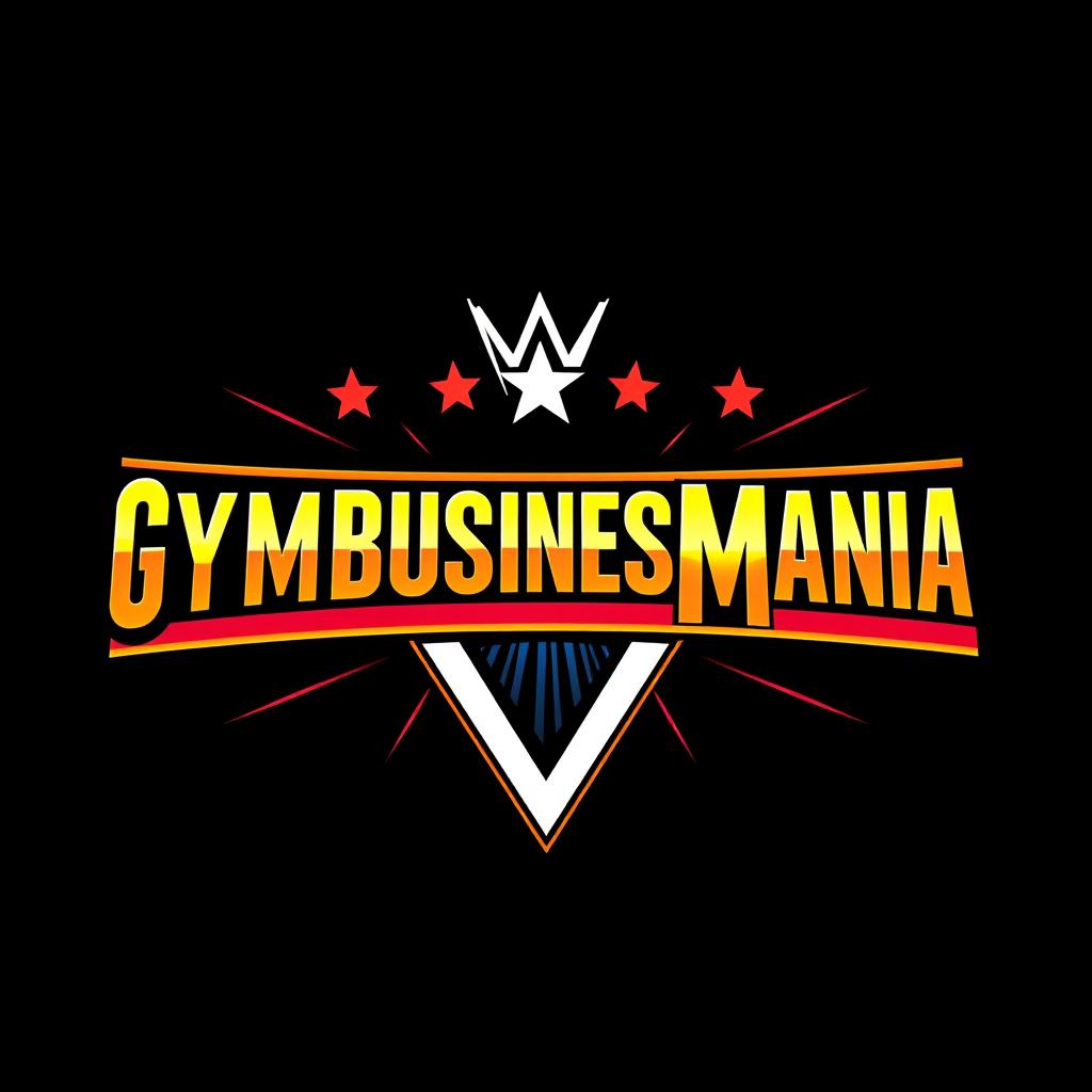 A retro-inspired logo design featuring the words 'GYMBUSINESSMANIA' in a style reminiscent of the classic WWF WrestleMania logo