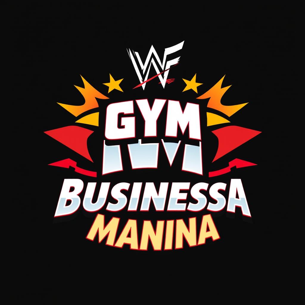 A retro WWF WrestleMania-style logo featuring the text 'GYMBUSINESSMANIA'