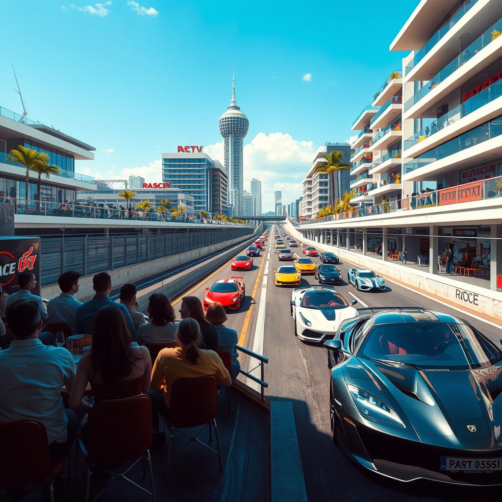 A hyper-realistic scene depicting Race City, an urban environment featuring a racing road bordered by continuous walls