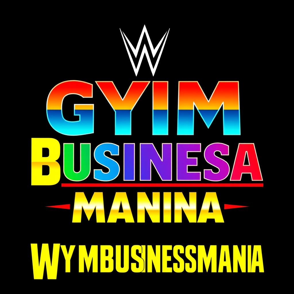 A vibrant retro logo displaying the phrase 'GYMBUSINESSMANIA' in the signature WWF WrestleMania font