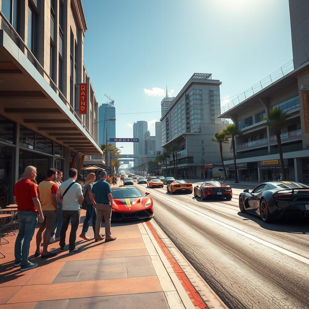 A hyper-realistic scene set in Race City, showcasing a bustling racing road lined with continuous walls, where super sports cars are speeding down the asphalt