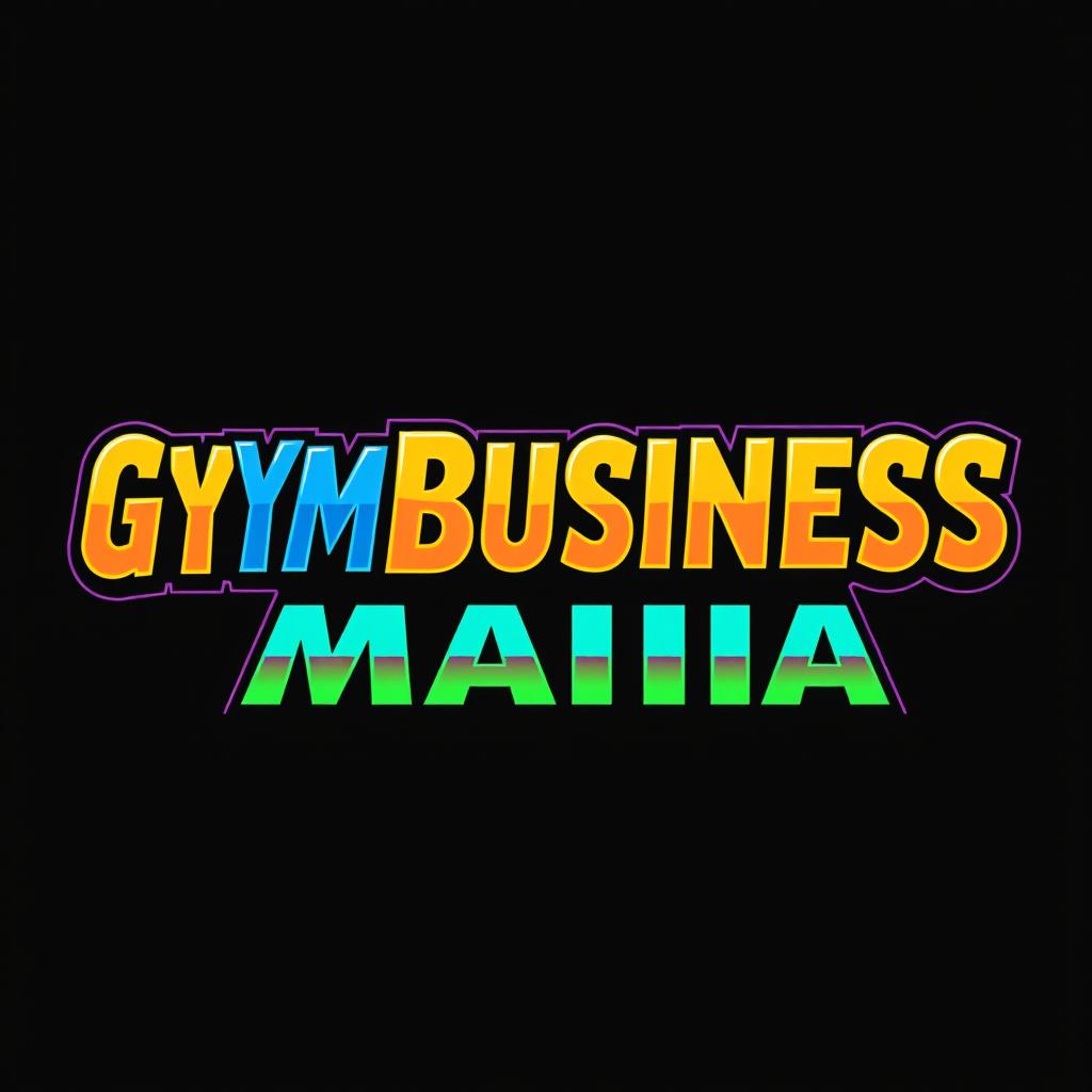 A vibrant retro logo representing the phrase 'GYMBUSINESSMANIA' crafted in the iconic WWF WrestleMania font