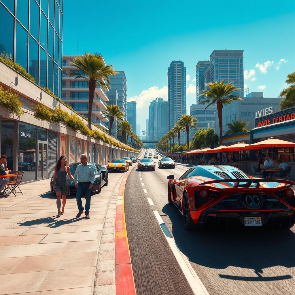 A hyper-realistic scene set in Race City, featuring a thrilling racing road flanked by continuous walls