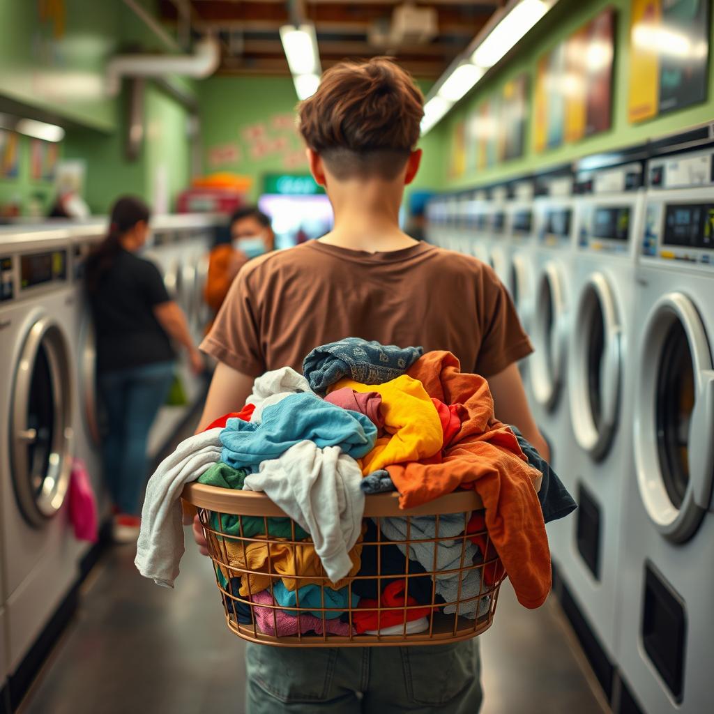 A person with their face unseen standing in a laundromat, holding a basket full of colorful laundry