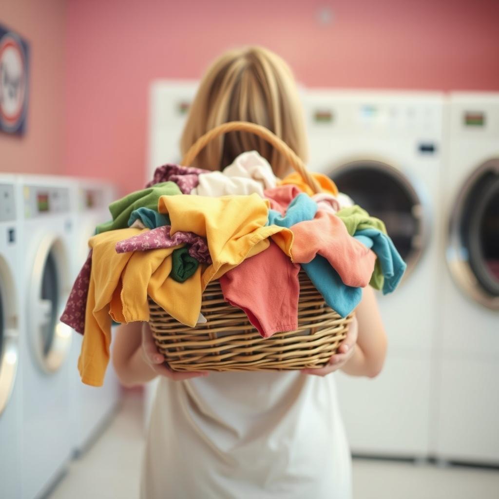 A person seen from behind in a laundry room, holding a basket full of colorful clothes