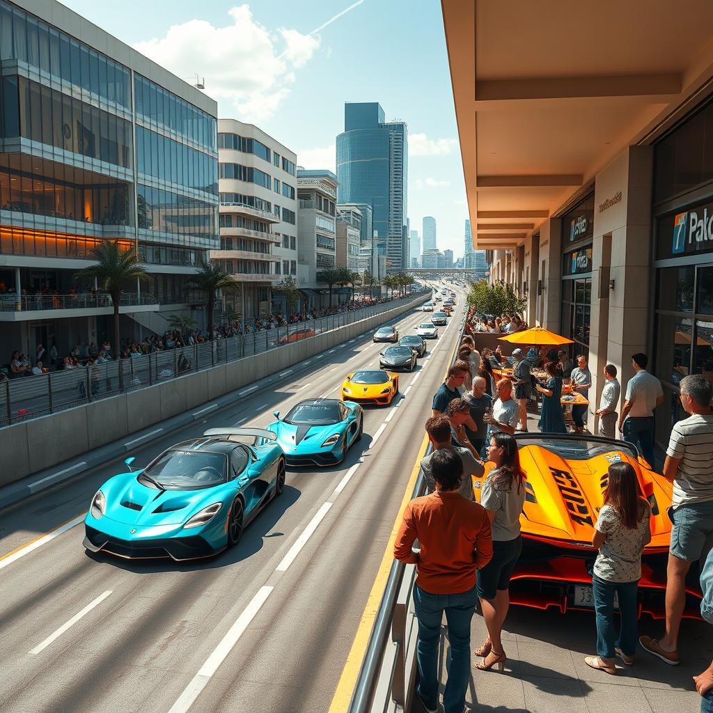 A hyper-realistic scene set in Race City, showcasing a vibrant racing road flanked by continuous walls