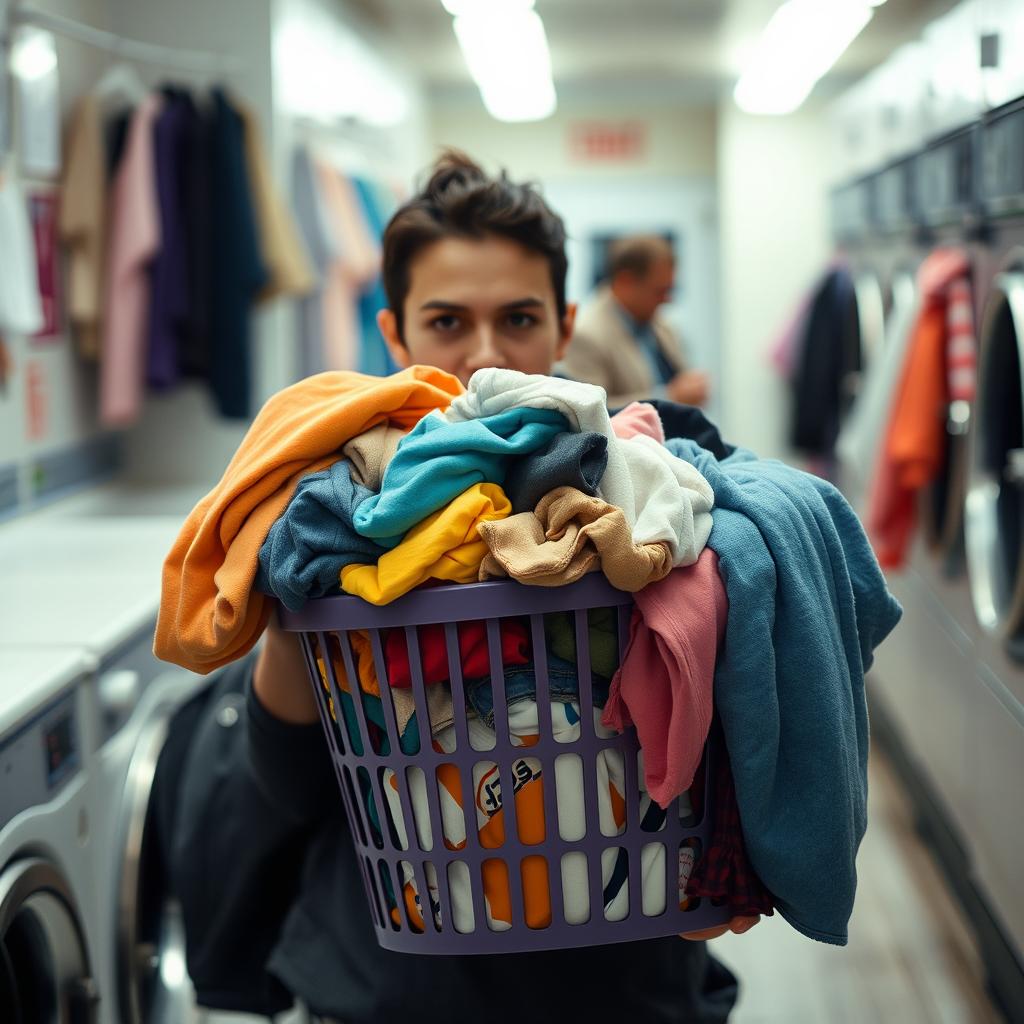 A person with a blurred face carrying a laundry basket in a bright and busy laundromat