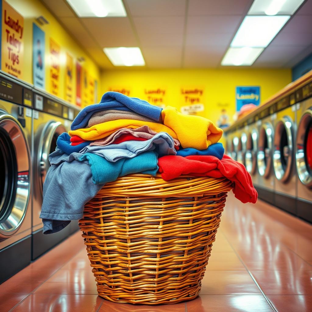 A vibrant, cozy scene in a laundromat featuring a colorful basket overflowing with freshly folded laundry