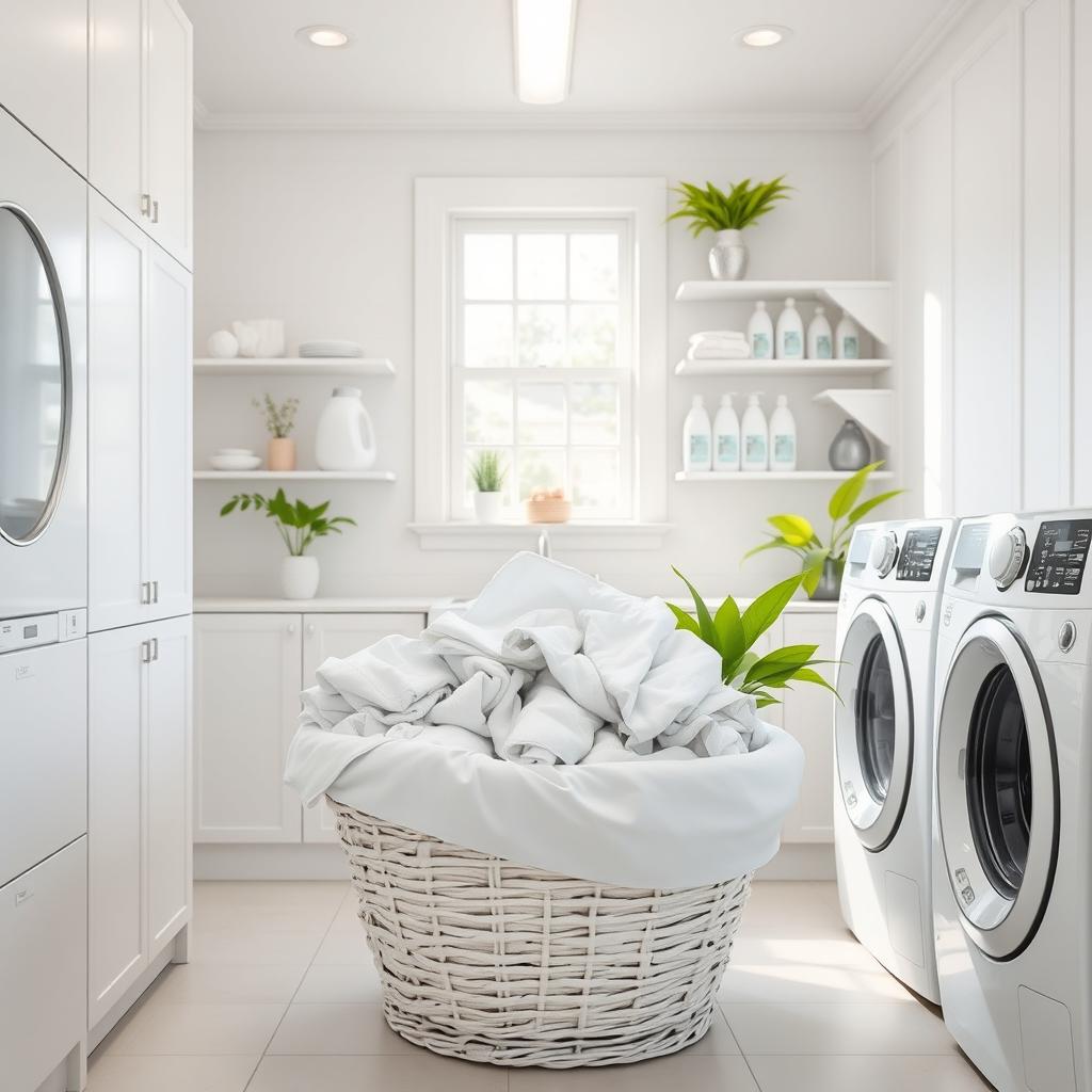 A laundry room filled with a white color scheme featuring white walls and white laundry equipment